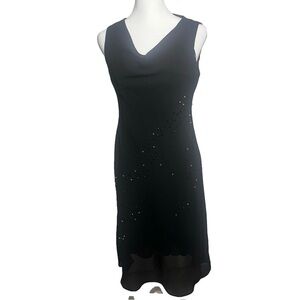 VTG Y2k Black Beaded Sheer Overlay Midi Dress 6P Whimsigoth Flowy Fairy Grunge